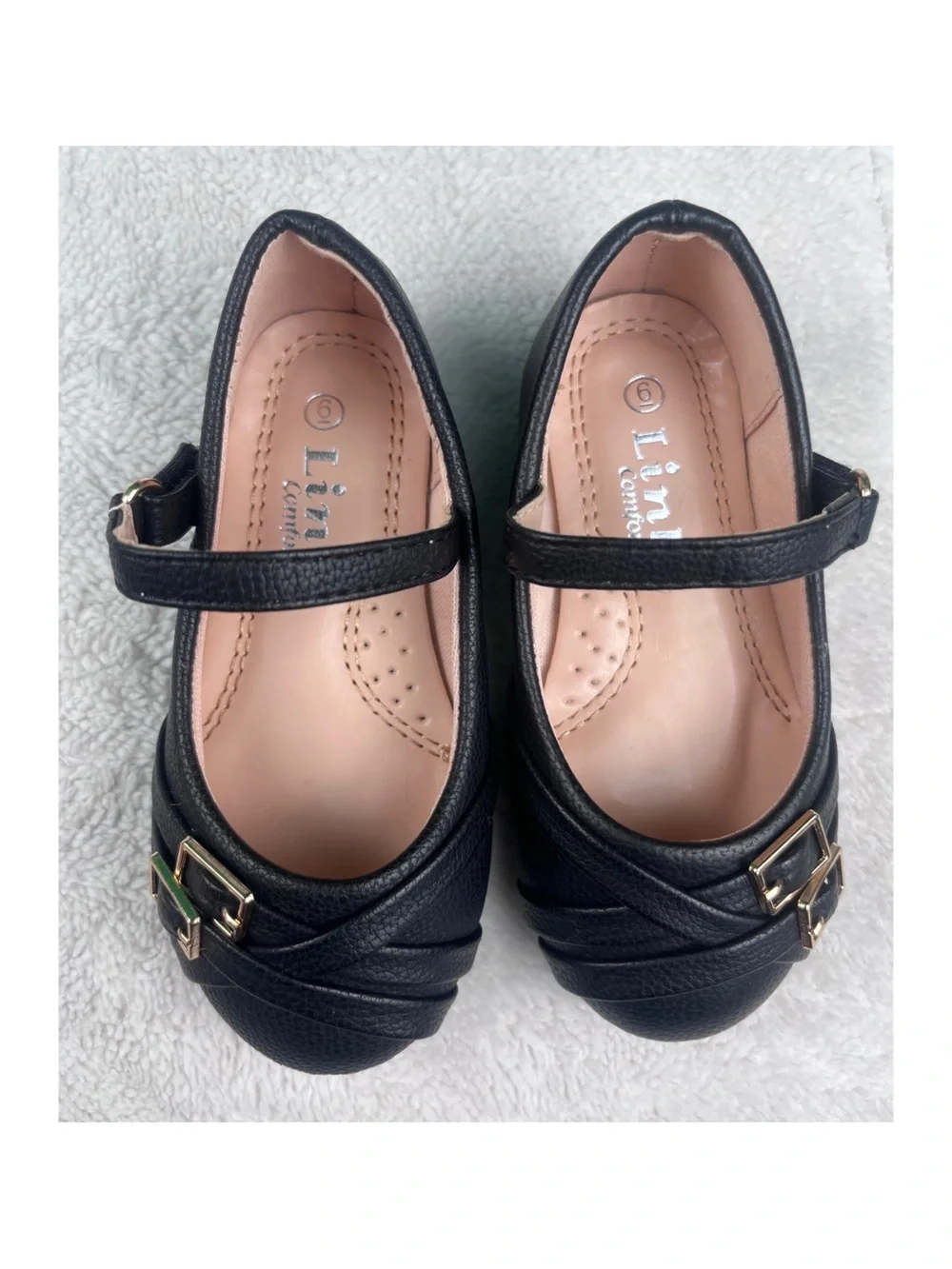 Link Comfort Baby Size 6 Black Mary Jane Shoes with Gold Buckles